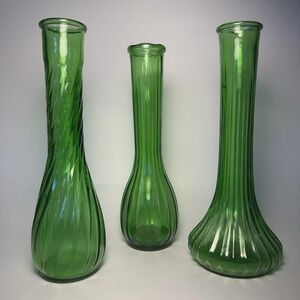 Vintage Green Bud Vases Lot – Swirl & Ribbed Pattern Emerald Green Hoosier PGC